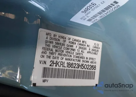 2003 Honda Odyssey Ex z USA, uszkodzony, nr VIN 2HKRL18623H502268